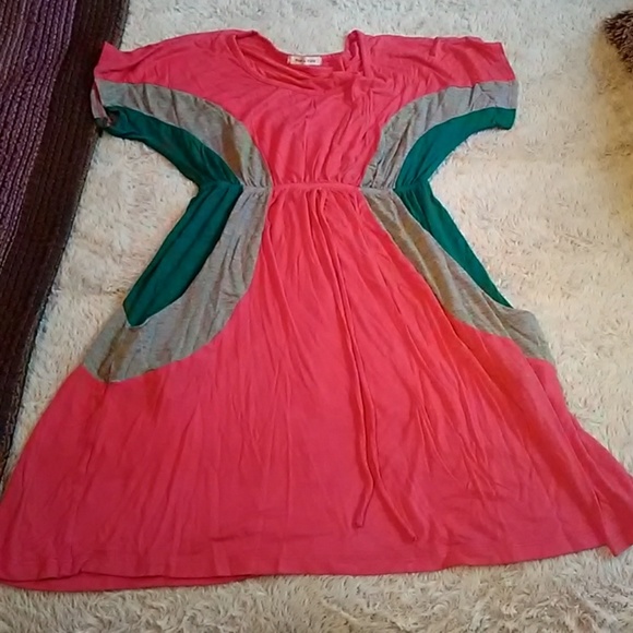 Tea n Rose dress. Coral, grey & teal color. - Picture 1 of 6